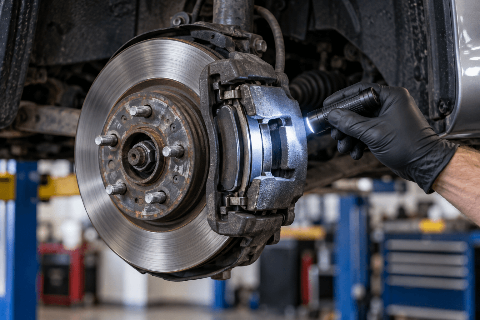 Brake rotor and caliper being inspected with a flashlight