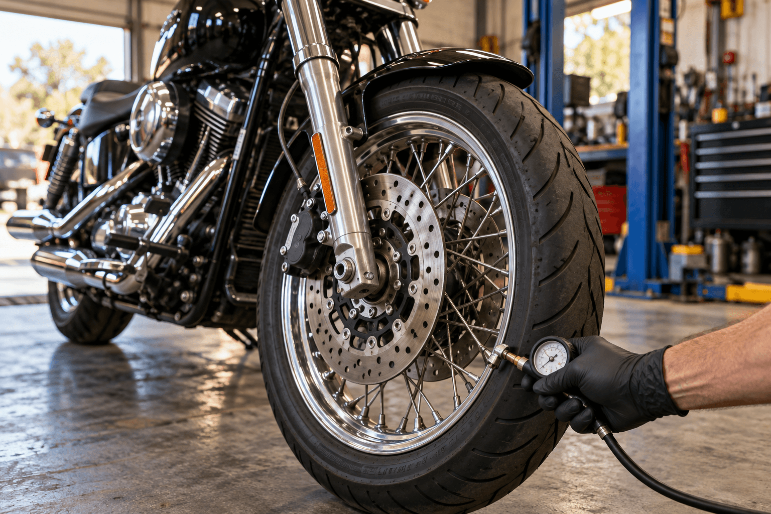 Cruiser motorcycle receiving a tire-pressure check before a Texas ride
